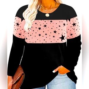 NWOT- plus size long sleeve Henley. Pink sparkle w/ black stars. Loose fitting.